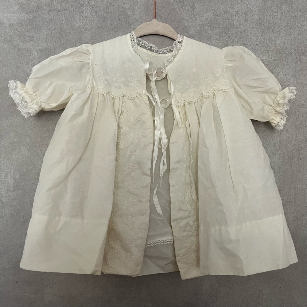 Vintage Christening Cream Embroidered Lace Baby Dress Gown